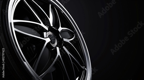 alloy wheel black with a white groove 6 beams for SUVs and crossovers closeup on a black background panoramic layout for advertising a tire spare parts store panorama : Generative AI