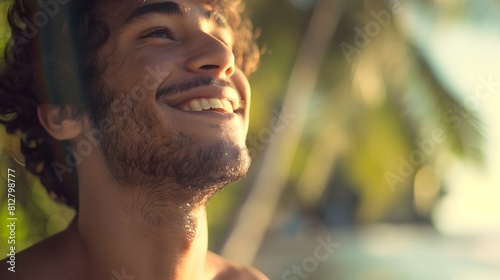 Cheerful Young Man Enjoys Peaceful Outdoor Scenery