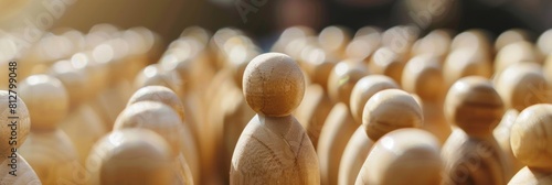 Thinking outside the box. Individual approach. Leadership and individuality. Wooden person figure stands out from crowd.