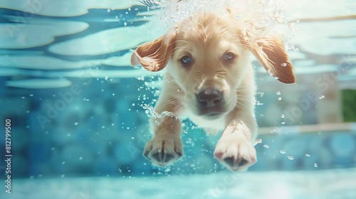 Underwater funny photo of golden labrador retriever puppy in swimming pool play with fun jump dive deep down Activities training classes with family pets Popular dog breeds on summer : Generative AI