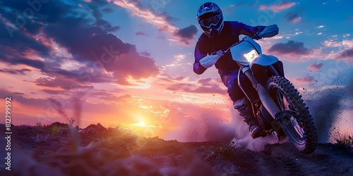 Man showcases courage by riding dirt bike through challenging terrain at sunset. Concept Courage, Dirt Bike, Challenging Terrain, Sunset Ride, Adventure