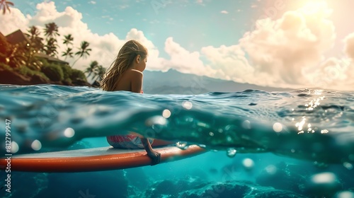 Young girl on a short surfboard waiting for a wave in tropical waters : Generative AI