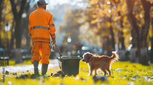 Urban Sanitation Worker Cleaning Up Dog Waste in Bustling City Park on Bright Day