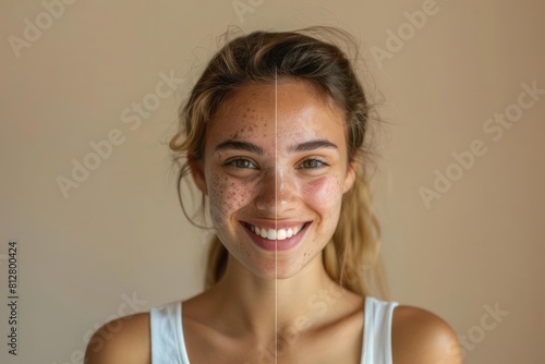 A woman smiling at the camera, before and after acne treatment showing the effectiveness of skin care