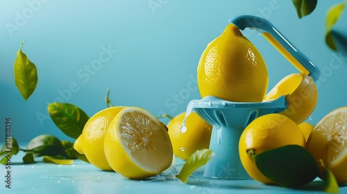 Blue painted lemons with yellow juice squeezer and fresh leaves against pastel blue background Creative lemonade or natural smoothie concept Minimal juice bar or healthy vegetarian die : Generative AI