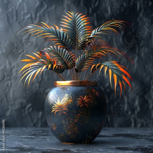 Pot with palm leaves on a dark background ing, high quality, high resolution