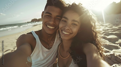 Portrait of a young diverse biracial couple taking a selfie at the beach and having fun outside Portrait of a young diverse biracial couple taking a selfie at the beach and having fun : Generative AI