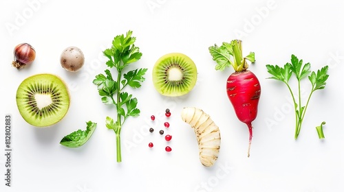 Horseradish rose hip kiwi and parsley isolated on white background Healing food collection Immunity booster Creative layout Flat lay top view Design element Vitamin C : Generative AI