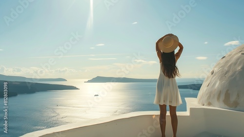 Europe Greece Santorini travel vacation Woman looking at view on famous travel destination Elegant young lady living fancy jetset lifestyle wearing dress on holidays Amazing view of se : Generative AI