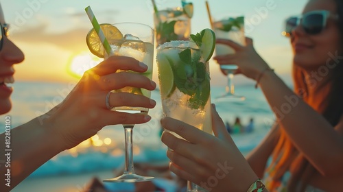 Young women toasting with mojito at chiringuito Group of fashion girls celebrating bachelorette party while enjoying sunset and drinks on the beach : Generative AI