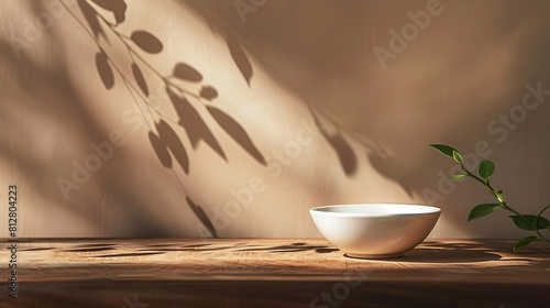 Empty bowl on wooden table and bright brown wall background Composition with leaves shadow on the wall and wood desk Mock up for presentation branding products cosmetics food or jewell : Generative AI