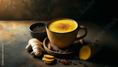 a warm, inviting cup of golden milk turmeric latte on a rustic wooden coaster. Beside the cup, there's a fresh ginger root