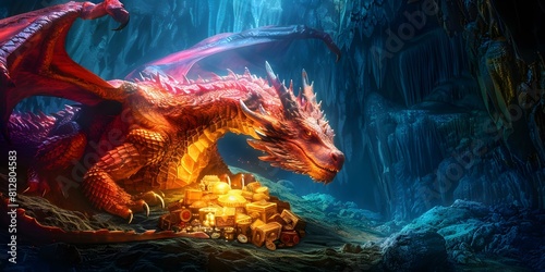 A large dragon protecting a hoard of treasures in a dark cave. Concept Fantasy, Adventure, Dragon, Treasure, Cave