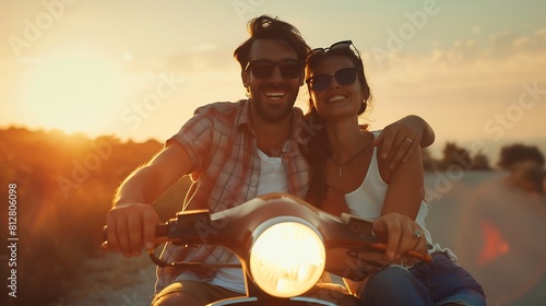 Full length of happy couple in glasses driving scooter in hot country and enjoying summer sunset while resting together during vacation : Generative AI