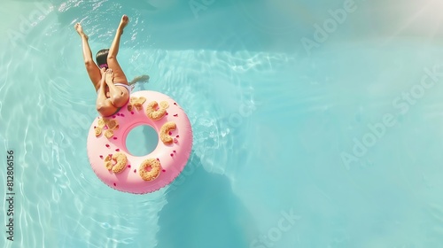 Woman relaxing on donut lilo in the pool water in hot sunny day Summer holiday idyllic Top view : Generative AI