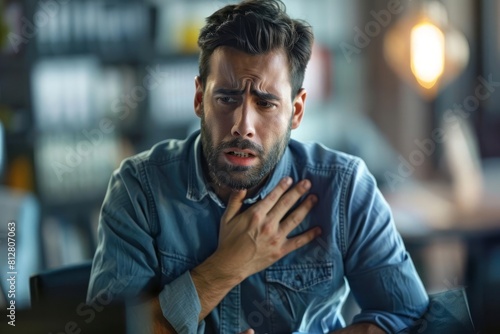 A man in an office setting clutching his chest in pain, with a worried expression that suggests he might be having a heart attack