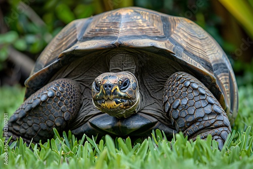 African spurred tortoise (Geochelone sulcata) in the grass