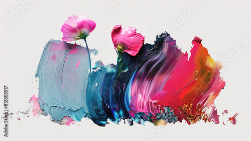 Lots of thick and thin detailed yellow, pink and blue brush strokes and 3D flowers on a white background, painting, modern art.