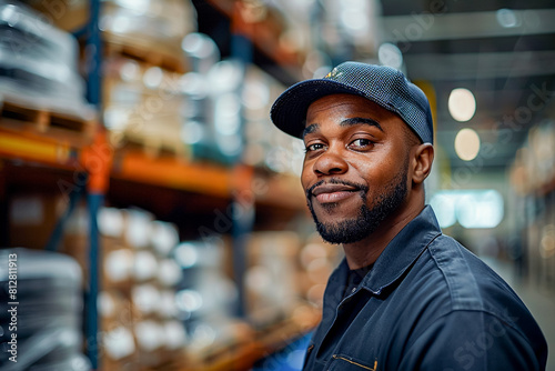 Warehouse employee african american man, supervising logistic operations, managing stock distribution.