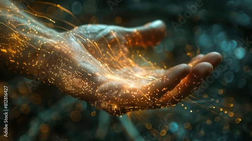 Mystical image of a person holding a handful of glowing particles in their hands.