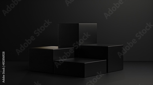 Three black square stands of different heights on black background Platforms for presentation of products and cosmetics Concept of the beauty industry 3d podium made of geometric shape : Generative AI