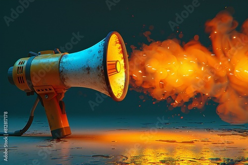Megaphone with fire and smoke on a dark background, illustration
