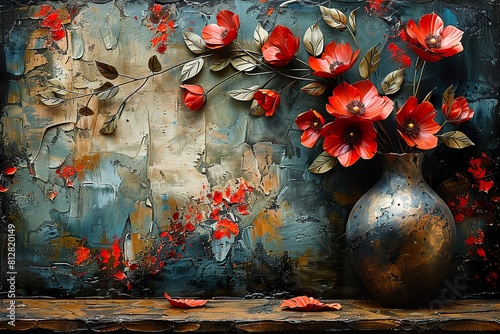 The metal element in a modern painting, textured background, flowers, plants, and flowers in a vase are