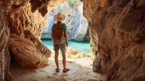 Tourist in the hat and with a backpack standing in the sandy cave near the picturesque sea beach Cala des Moro Mallorca : Generative AI