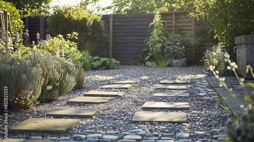 Garden patio UK Landscaped garden with gravel raised beds and York stone stepping stones and patio : Generative AI