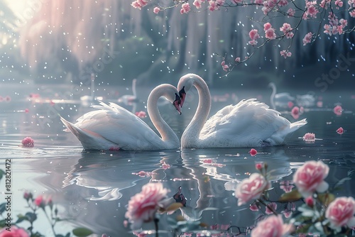 two swans in the lake with rose flowers, swans couple, beautiful romantic fantasy art, fantasy magical