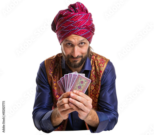 Person with cards dressed as a fortune teller