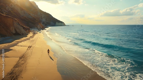 Aerial view of walking young woman on empty sandy beach near sea with waves at sunset Summer vacation in Lefkada island Greece Top view of sporty girl blue water mountain Lifestyle and : Generative AI