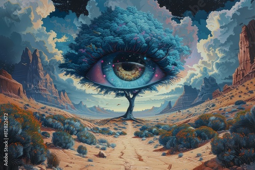 A surreal landscape with an eye-shaped tree, symbolizing the universe and life's journey.A large blue eyeball surrounded by colorful circles representing different eras in human history.
