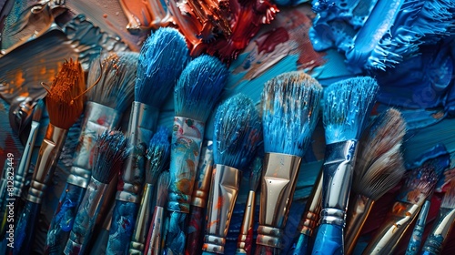 A collection of various painting brushes, including large and small bristles, arranged in an artist's palette. 