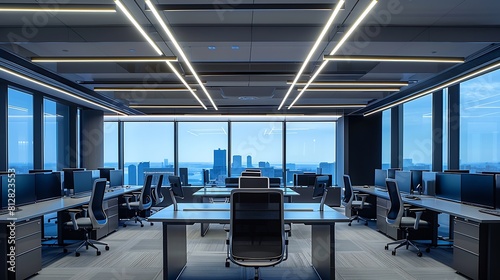 Contemporary office setting with a spacious layout featuring darkhued desks ergonomic chairs a ceiling with striking linear lighting patterns and a serene view through a large window : Generative AI