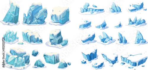 Glaciers, iceberg pieces, blue blocks of ice, frozen water and snow
