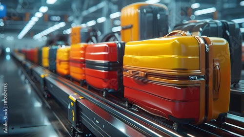 Vibrant colorful luggage on a conveyor belt in an airport, closeup shot, 3D rendering. 