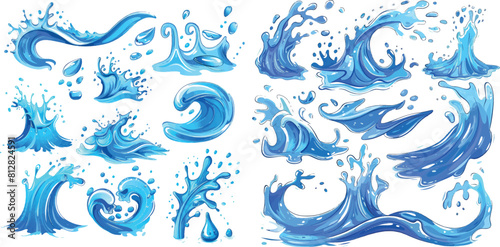 Liquid water splashes, falling aqua drops, sea or ocean waves and swirl. Blue water motion effects vector cartoon set