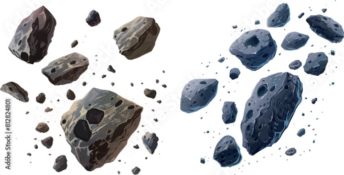 Stone asteroid belt realistic vector illustration. Meteor, space boulder or rock with craters flying in weightlessness