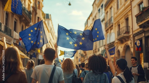 European Union Flags Waving in a Crowded Street Demonstration