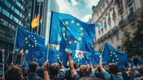 Dynamic Crowd Waving European Union Flags at Street Protest