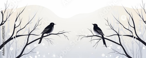 Birds in a winter scene flat design front view seasonal theme cartoon drawing black and white