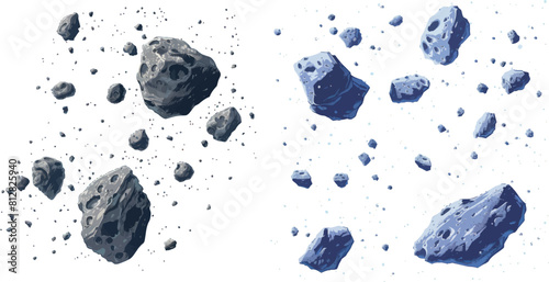 Stone asteroid belt realistic vector illustration. Meteor, space boulder or rock with craters flying