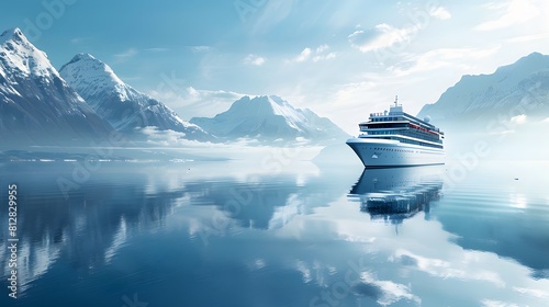 Crukenloch cruise ship sailing on the sea, white and blue colors, background with calm water surface, distant mountains, clear sky. 