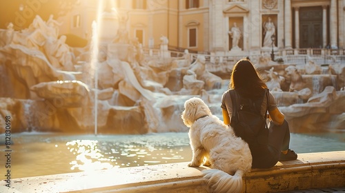 Woman sitting with dog on famous di Trevi fountain in Rome Woman traveling with her white huge dog visiting italian landmarks : Generative AI