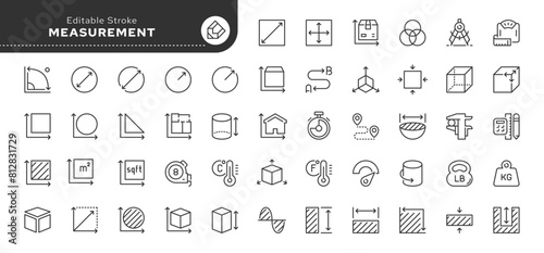  Measurements, size, parameter - series. Set of line icons in linear style. Outline icon collection. Conceptual pictogram and infographic.