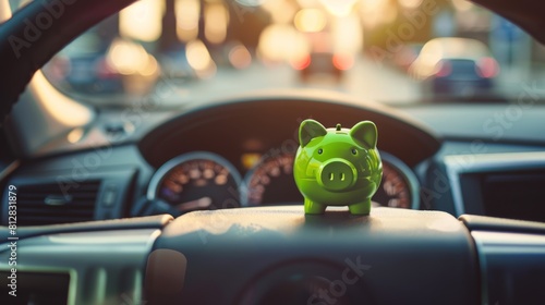 A Piggy Bank on Car Dashboard