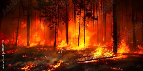 Devastating forest fire consumes pine groves, obliterating trees and spreading across the land. Concept Forest Fires, Environmental Disaster, Pine Groves Destruction, Spread of Wildfire