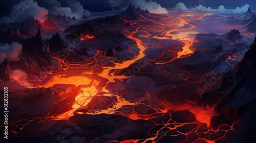 Volcanic eruption with flowing lava flat design top view geological theme 3D render Tetradic color scheme