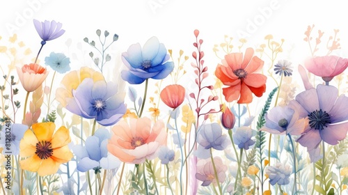 Wildflower meadow at sunrise flat design top view natural beauty theme water color Vivid